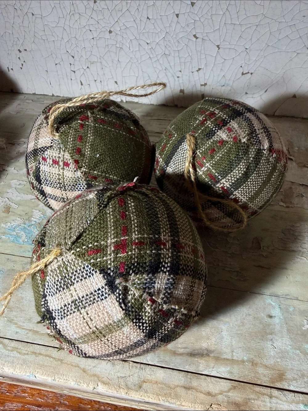 🎄 3 - 4” Rustic Green Plaid Holiday Fabric Ornaments